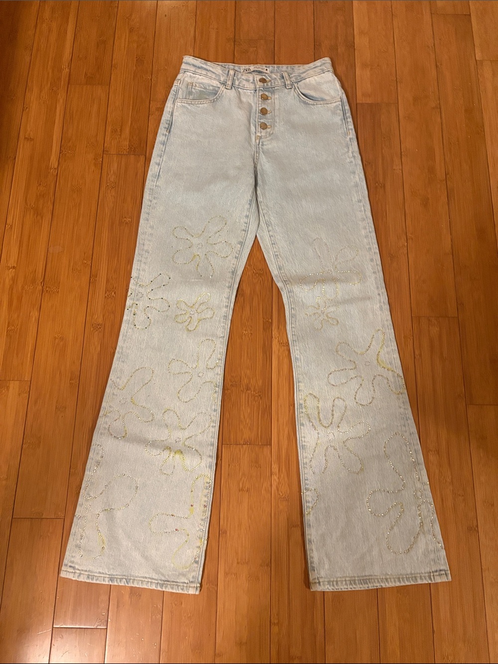 Zara Light Blue Embroidered Flare Jeans